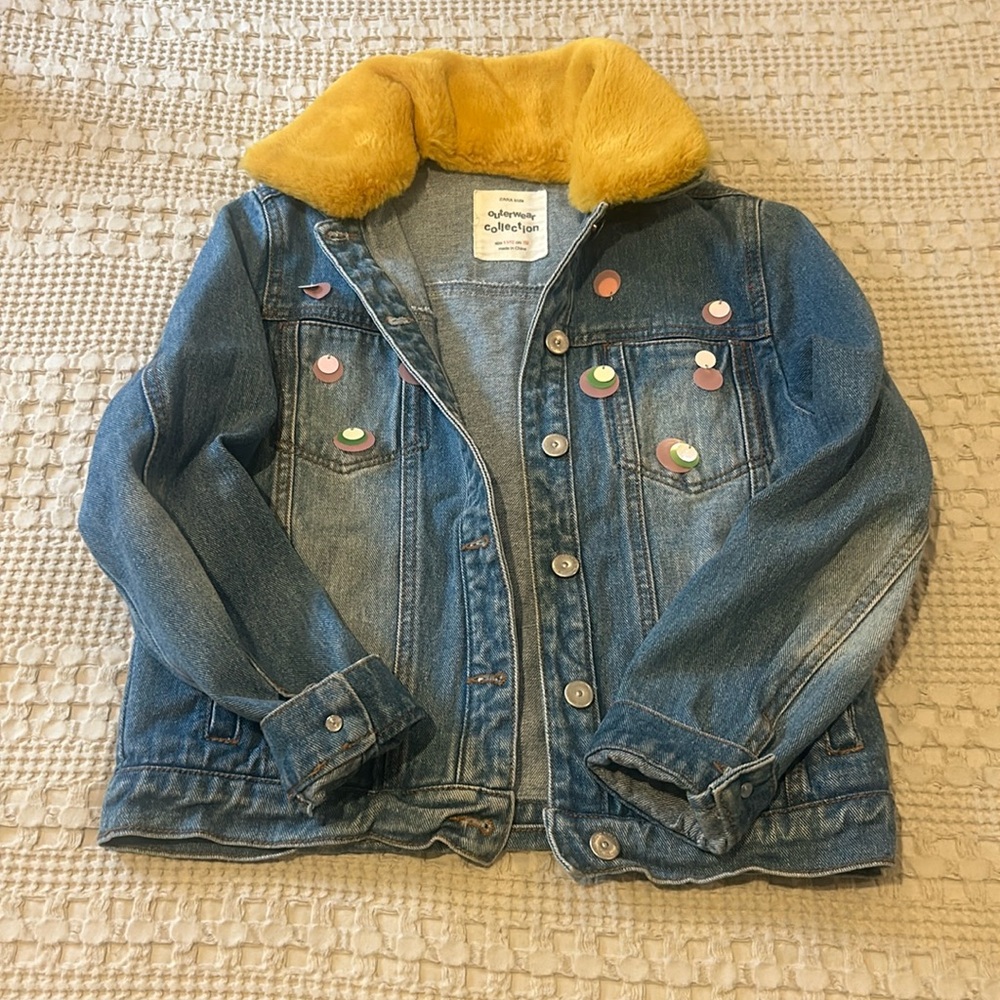 ZARA kids denim jean jacket embellishment fur button front size 11/12